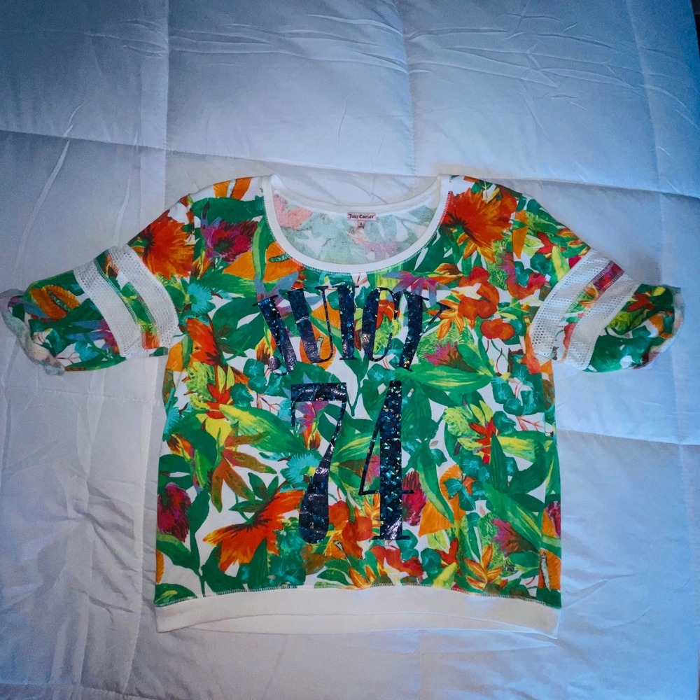 Juicy Couture Women Floral Sequin 74 Sweatshirt L Green Tropical Mesh Sleeve